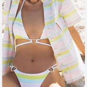 Frankie’s Bikinis Striped Pastel Bikini Set with Gold Heart Details